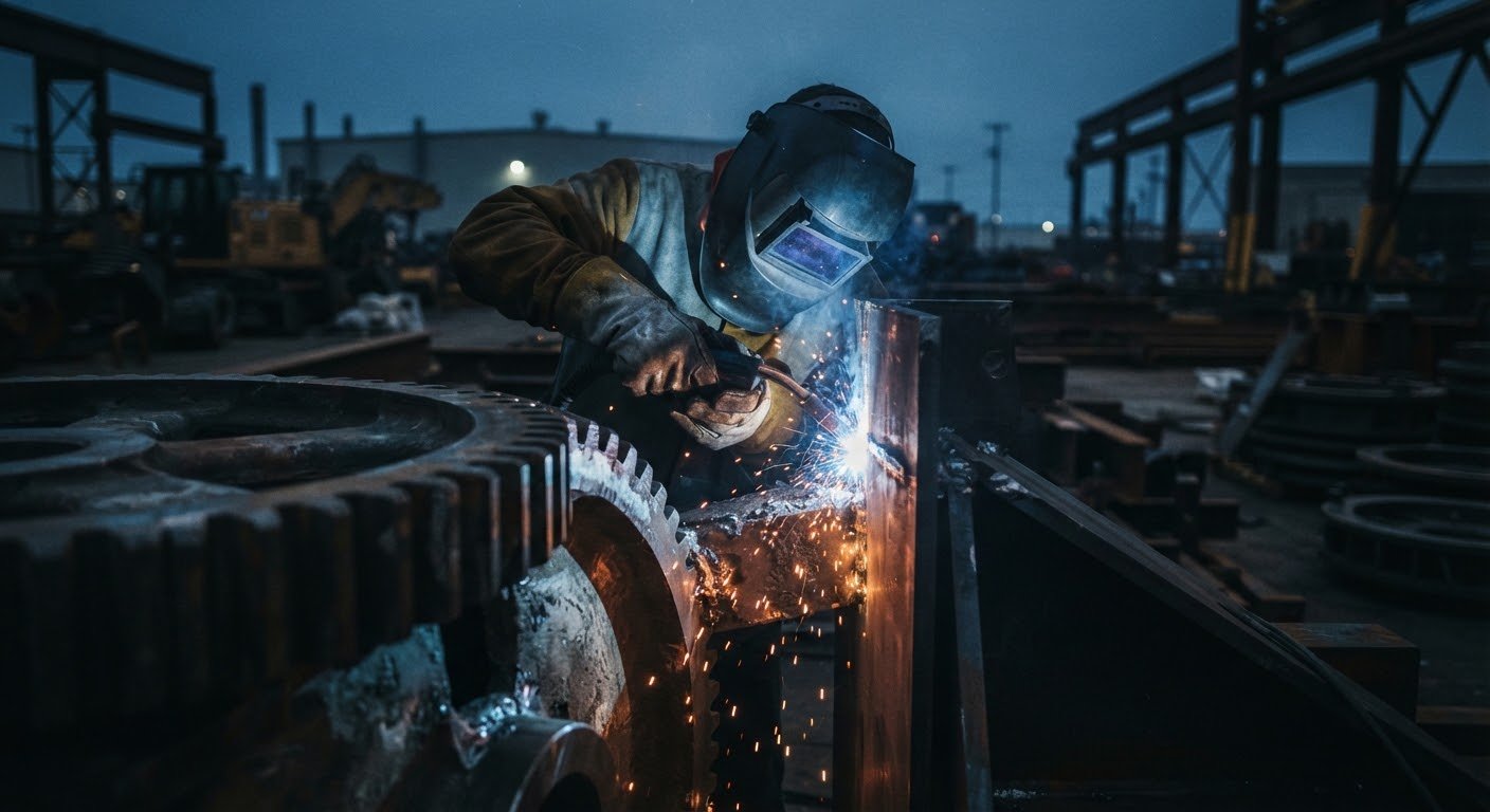 Sparks from welding on a large industrial gear assembly